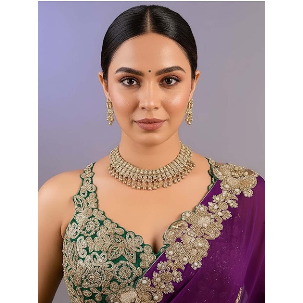 Auraa Trends Pink Antique Gold-Plated Temple Choker Jewellery Set