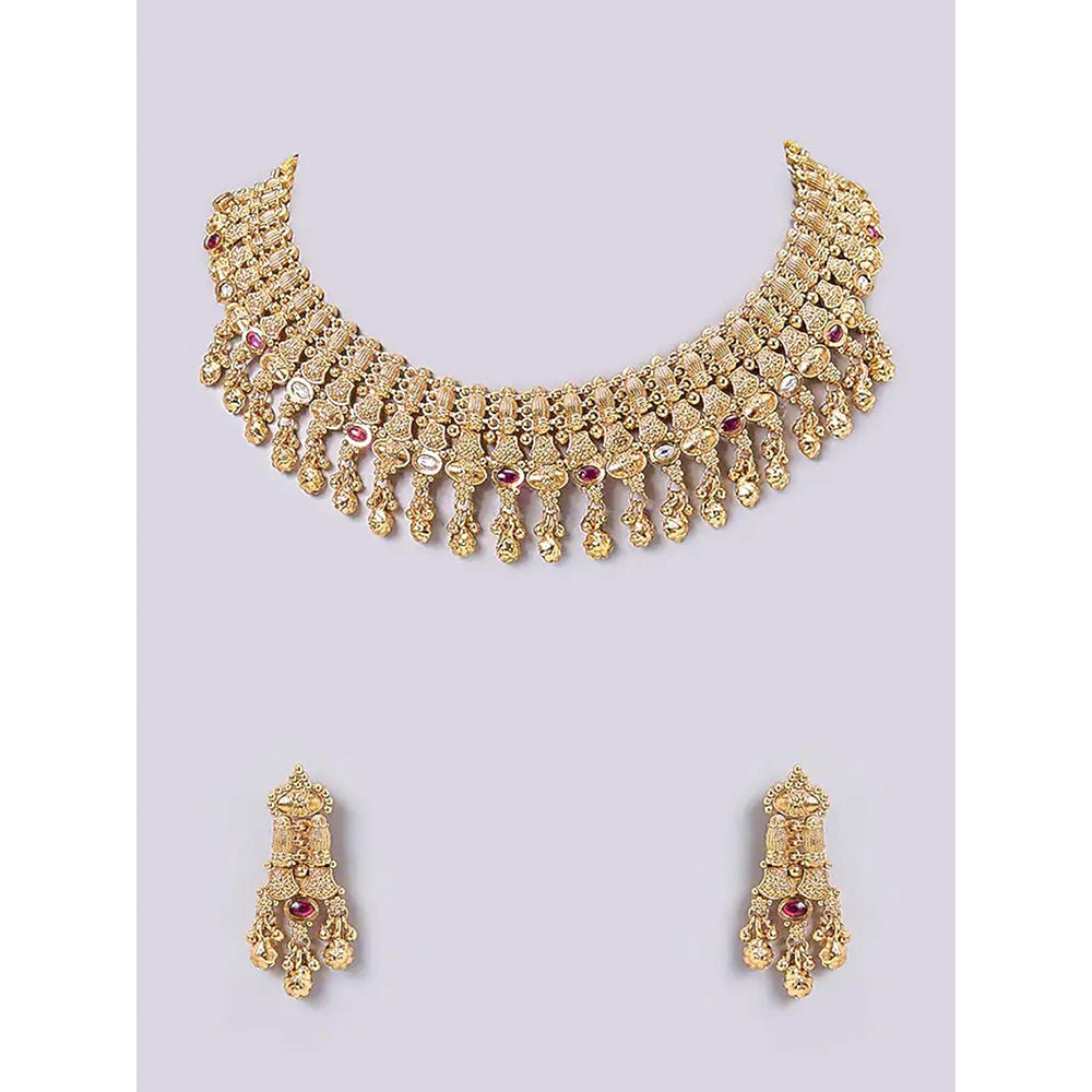 Auraa Trends Pink Antique Gold-Plated Temple Choker Jewellery Set