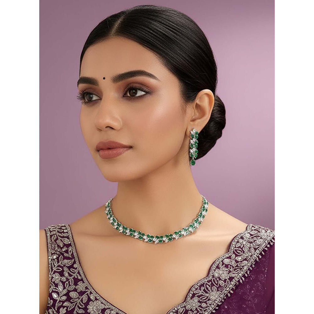 Auraa Trends Silver-Plated Green Stone Jewellery Set with Earrings for Women