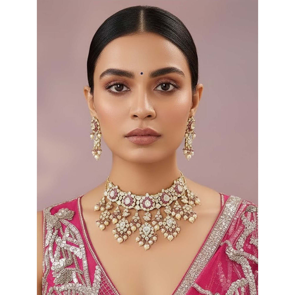 Auraa Trends Pink Bridal Kundan Choker Jewellery Set with Earrings