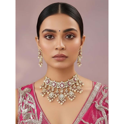 Auraa Trends Pink Bridal Kundan Choker Jewellery Set with Earrings
