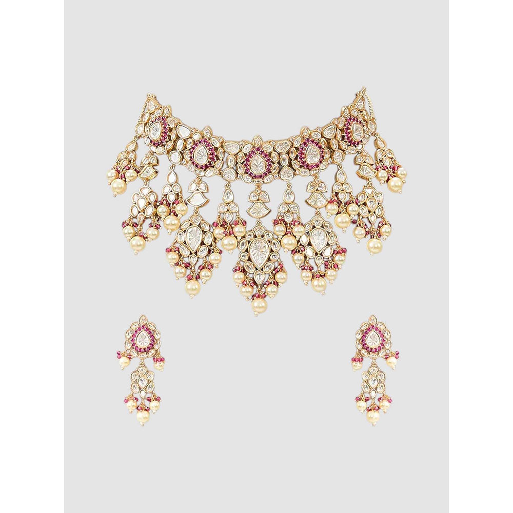 Auraa Trends Pink Bridal Kundan Choker Jewellery Set with Earrings