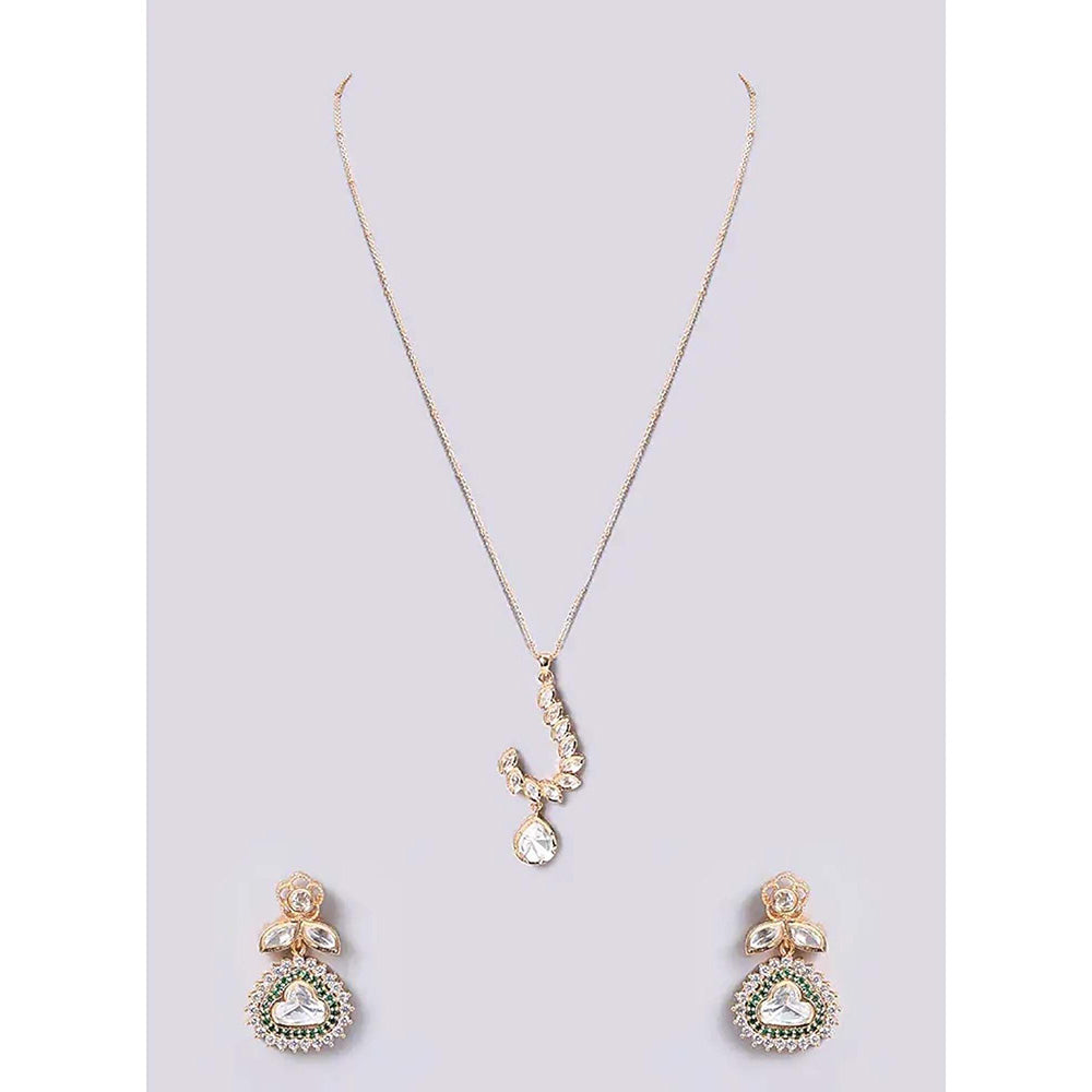 Auraa Trends Gold-Plated Kundan Pendant Jewellery Set with Green and White Stones for Women