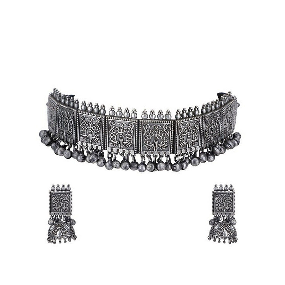 Auraa Trends Antique Oxidised Silver Plated Tribal Choker Necklace with Earrings