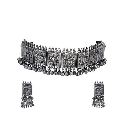 Auraa Trends Antique Oxidised Silver Plated Tribal Choker Necklace with Earrings
