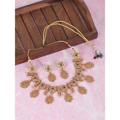 Auraa Trends Traditional Antique Gold Plated Temple Necklace with Green Stones and Earrings