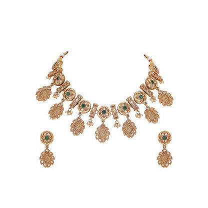 Auraa Trends Traditional Antique Gold Plated Temple Necklace with Green Stones and Earrings