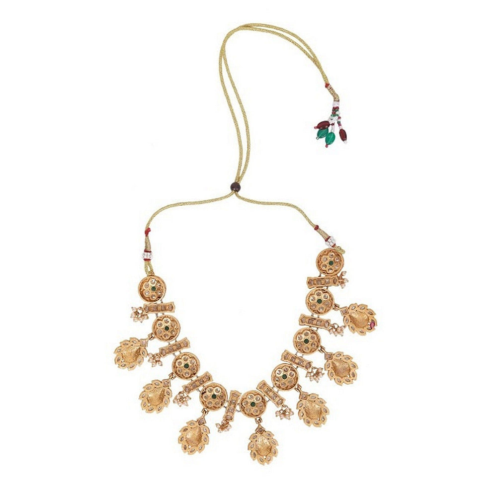 Auraa Trends Traditional Antique Gold Plated Temple Necklace with Green Stones and Earrings