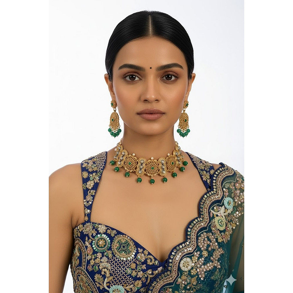 Auraa Trends Traditional Gold-Plated Green Beaded Choker Necklace with Earrings