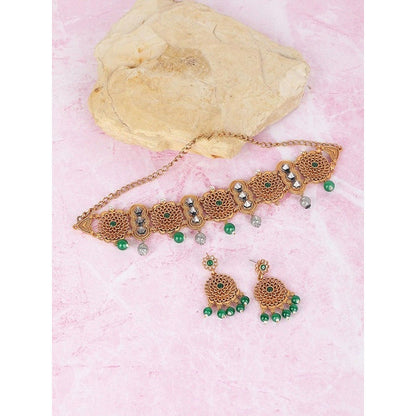 Auraa Trends Traditional Gold-Plated Green Beaded Choker Necklace with Earrings