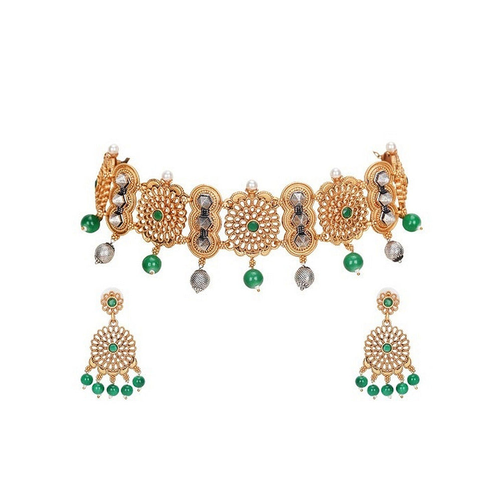 Auraa Trends Traditional Gold-Plated Green Beaded Choker Necklace with Earrings