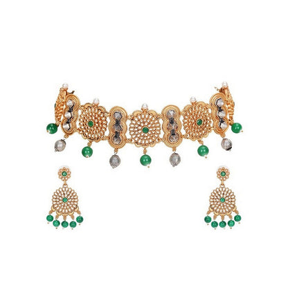 Auraa Trends Traditional Gold-Plated Green Beaded Choker Necklace with Earrings