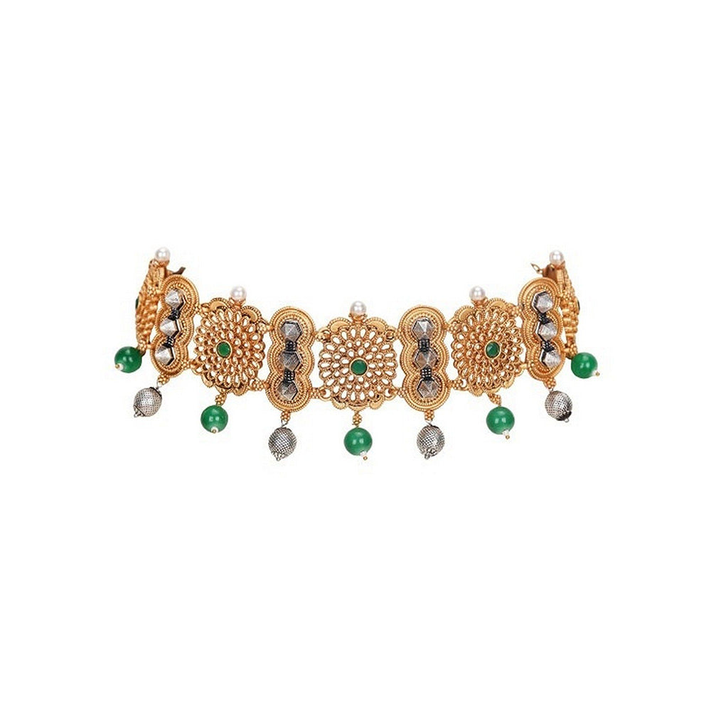 Auraa Trends Traditional Gold-Plated Green Beaded Choker Necklace with Earrings