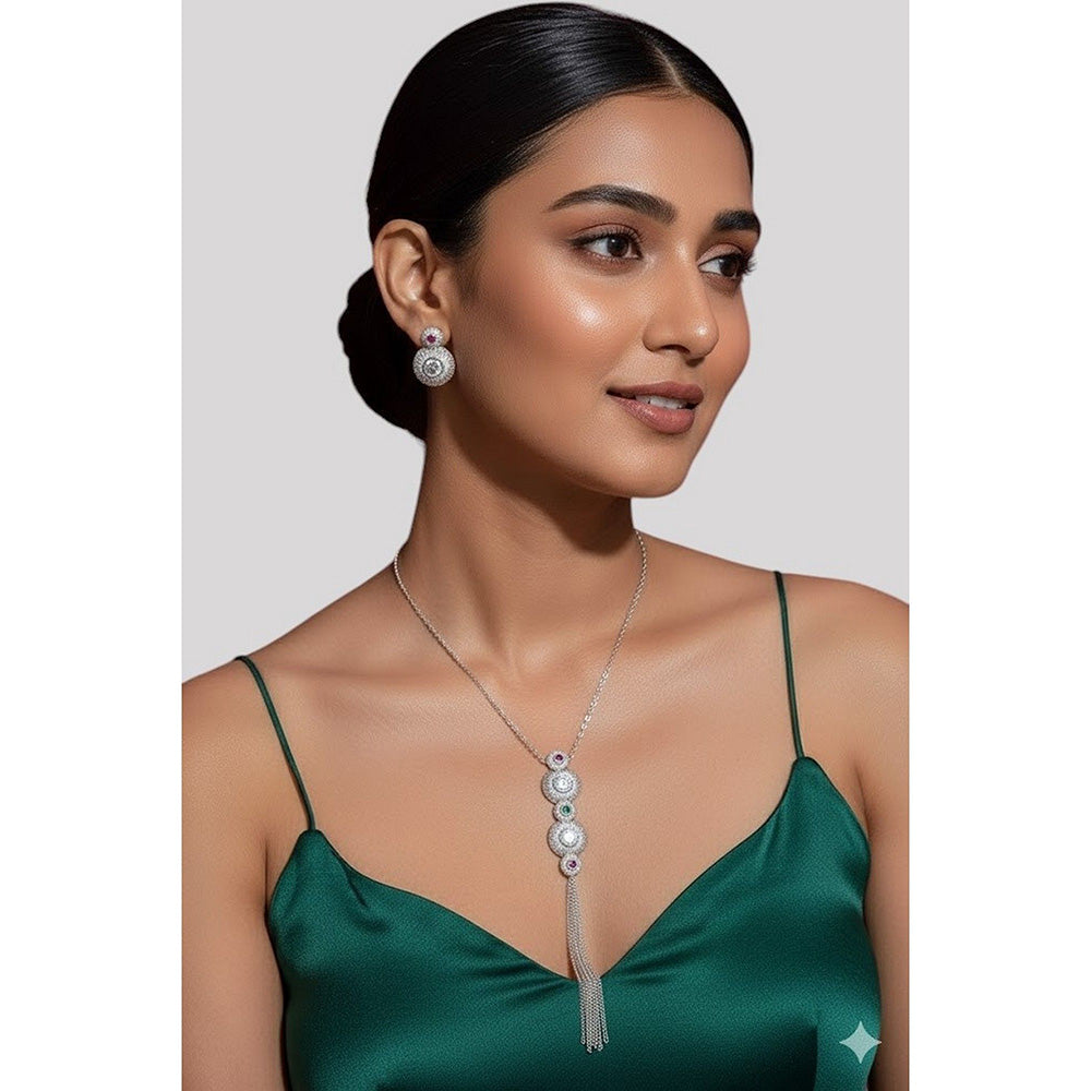 Auraa Trends Silver-Plated Long Tassel Necklace with Matching Earrings
