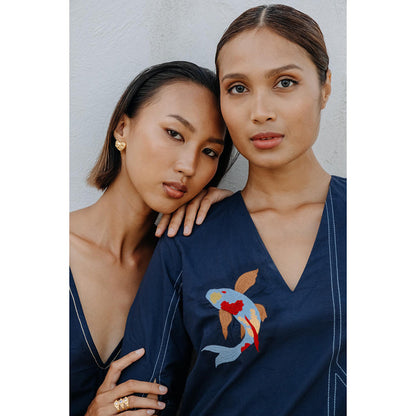 Auruhfy Navy Blue Embroidered Summer Tides Dress