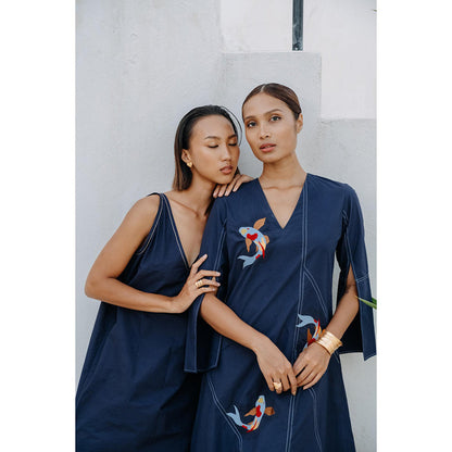Auruhfy Navy Blue Embroidered Summer Tides Dress
