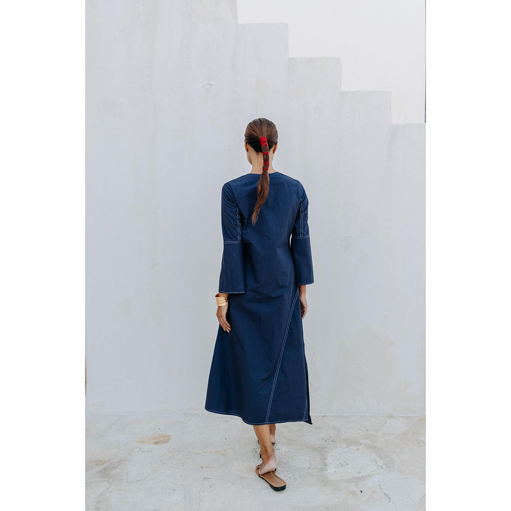 Auruhfy Navy Blue Embroidered Summer Tides Dress