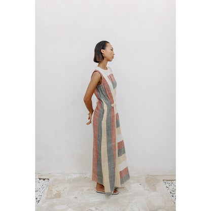Auruhfy Beige Stripes Earth's Bounty Dress
