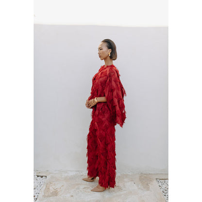 Auruhfy Red Self Design Ember Co-Ord (Set of 3)