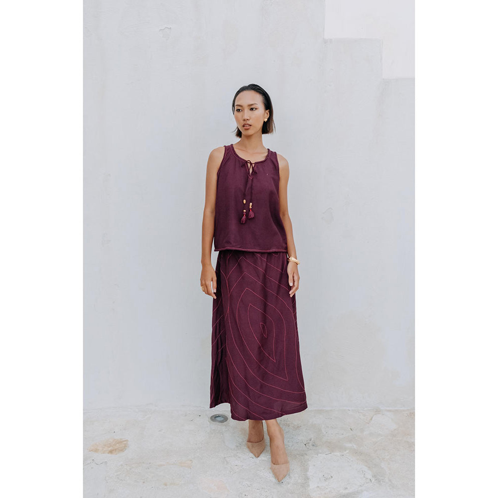 Auruhfy Burgundy Printed Wisteria Skirt with Top (Set of 2)