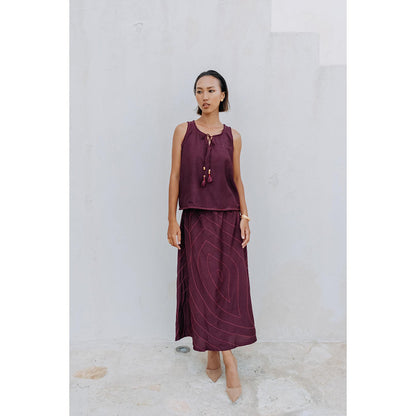 Auruhfy Burgundy Printed Wisteria Skirt with Top (Set of 2)