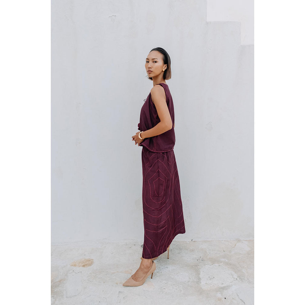 Auruhfy Burgundy Printed Wisteria Skirt with Top (Set of 2)