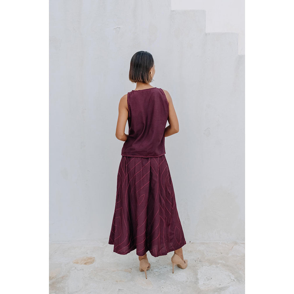 Auruhfy Burgundy Printed Wisteria Skirt with Top (Set of 2)