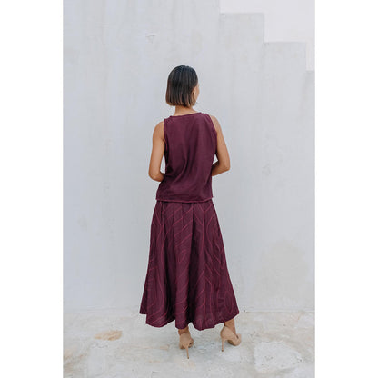 Auruhfy Burgundy Printed Wisteria Skirt with Top (Set of 2)