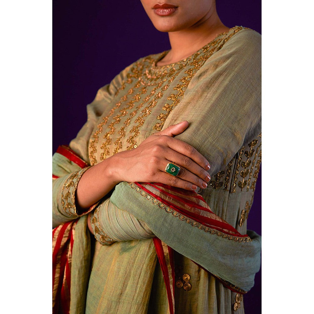 AURUL Light Green Zari Silk Lining Anarkali with Dupatta (Set of 2)