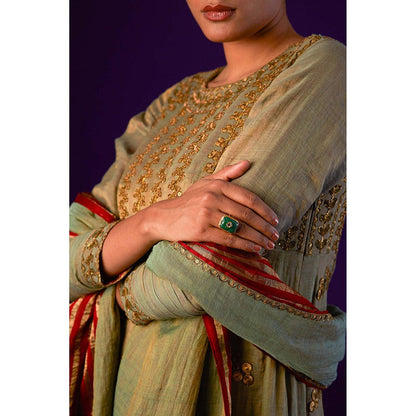 AURUL Light Green Zari Silk Lining Anarkali with Dupatta (Set of 2)