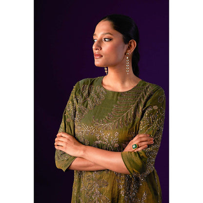 AURUL Dark Green Embroidered Kurta with Pant and Dupatta (Set of 3)