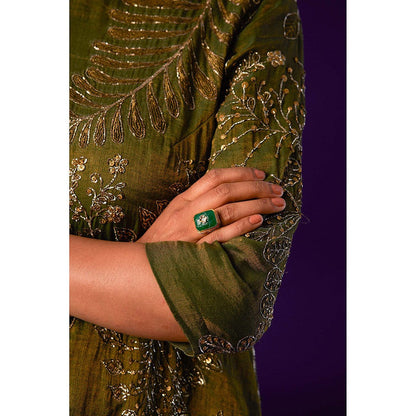 AURUL Dark Green Embroidered Kurta with Pant and Dupatta (Set of 3)