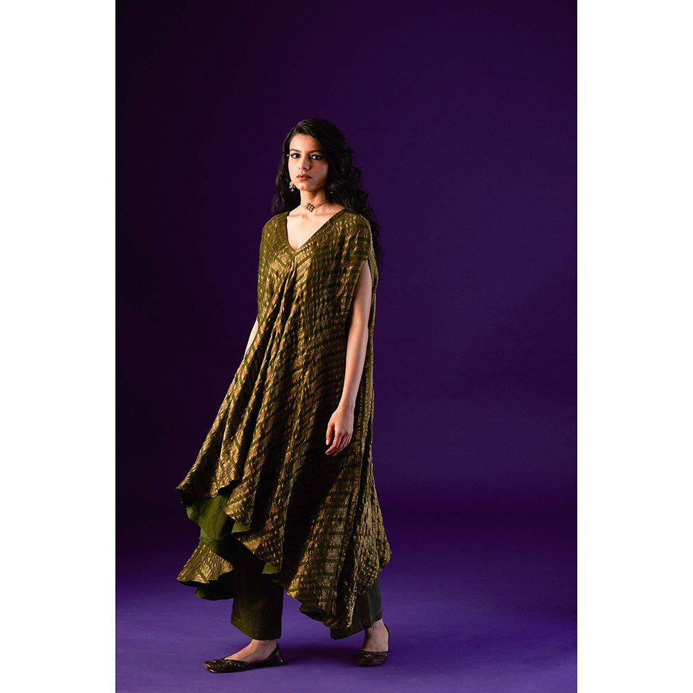 AURUL Dark Green Zari Stripes Kurta with Pant (Set of 2)