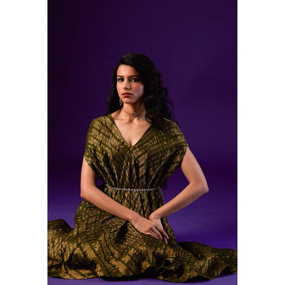 AURUL Dark Green Zari Stripes Kurta with Pant (Set of 2)