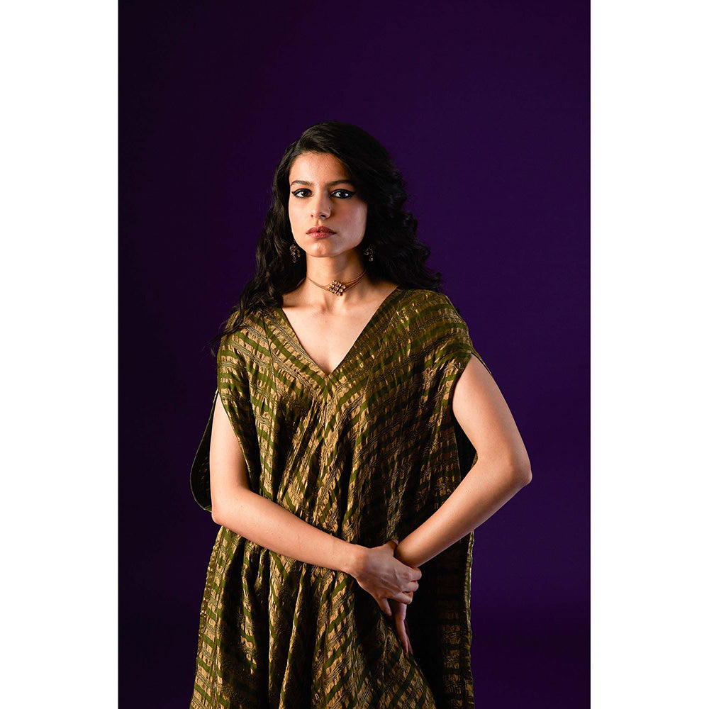 AURUL Dark Green Zari Stripes Kurta with Pant (Set of 2)