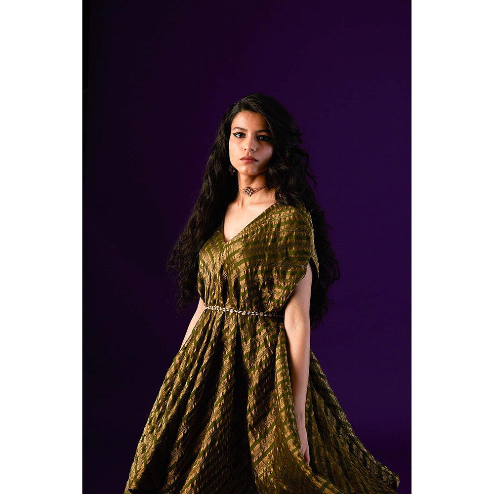 AURUL Dark Green Zari Stripes Kurta with Pant (Set of 2)