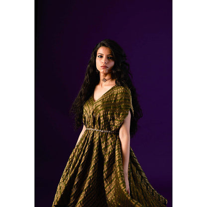 AURUL Dark Green Zari Stripes Kurta with Pant (Set of 2)