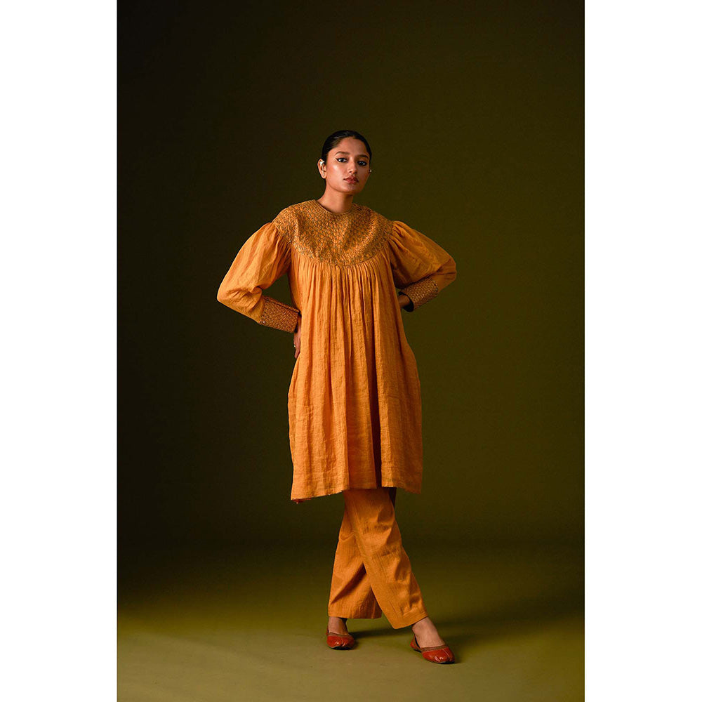 AURUL Mustard Yoke Embroidery Kurta with Pant (Set of 2)