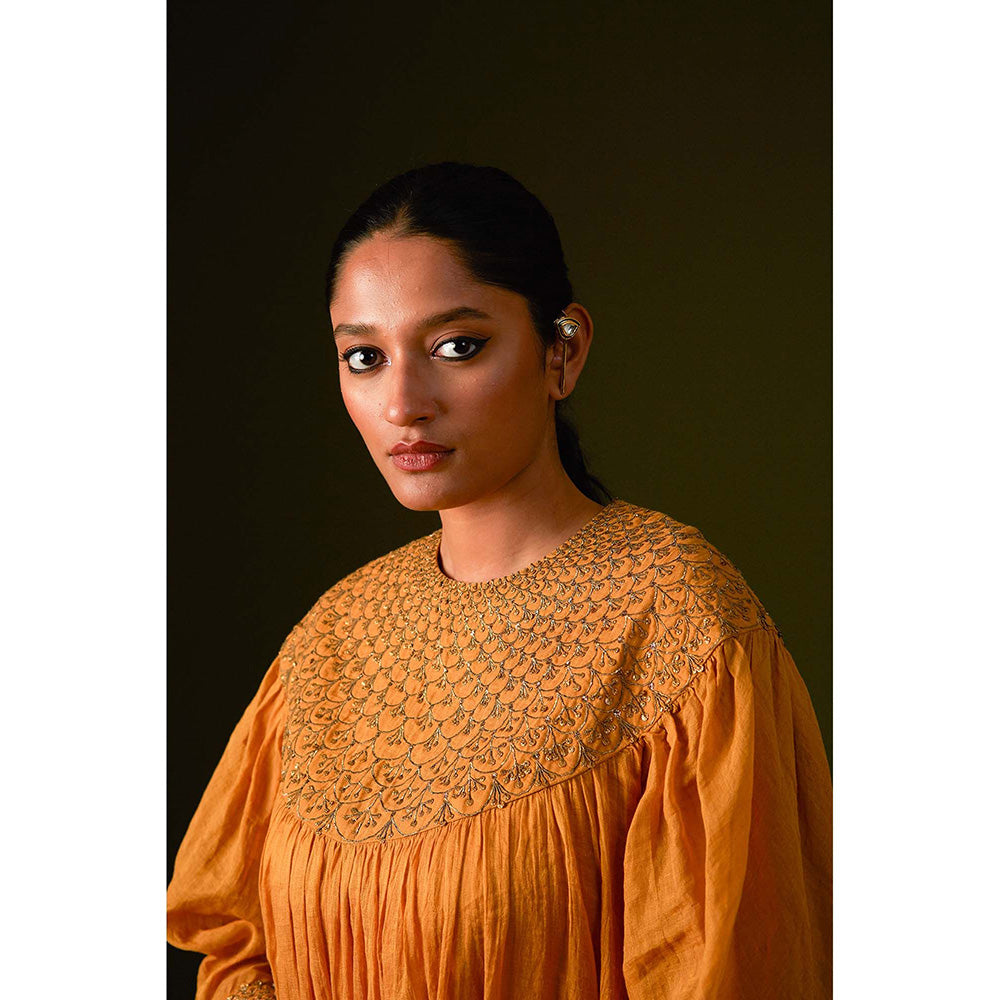 AURUL Mustard Yoke Embroidery Kurta with Pant (Set of 2)