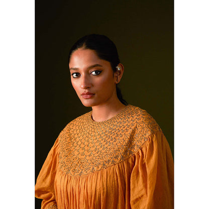 AURUL Mustard Yoke Embroidery Kurta with Pant (Set of 2)