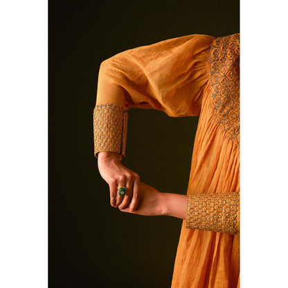 AURUL Mustard Yoke Embroidery Kurta with Pant (Set of 2)