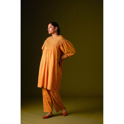 AURUL Mustard Yoke Embroidery Kurta with Pant (Set of 2)
