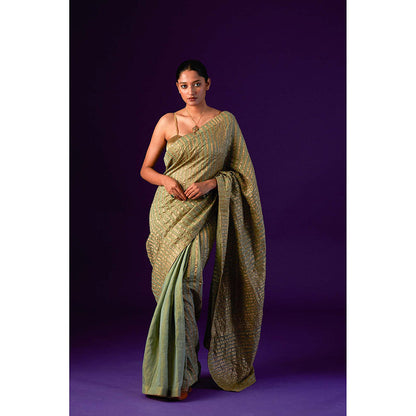 AURUL Light Green Zari Lines Saree with Stitched Blouse