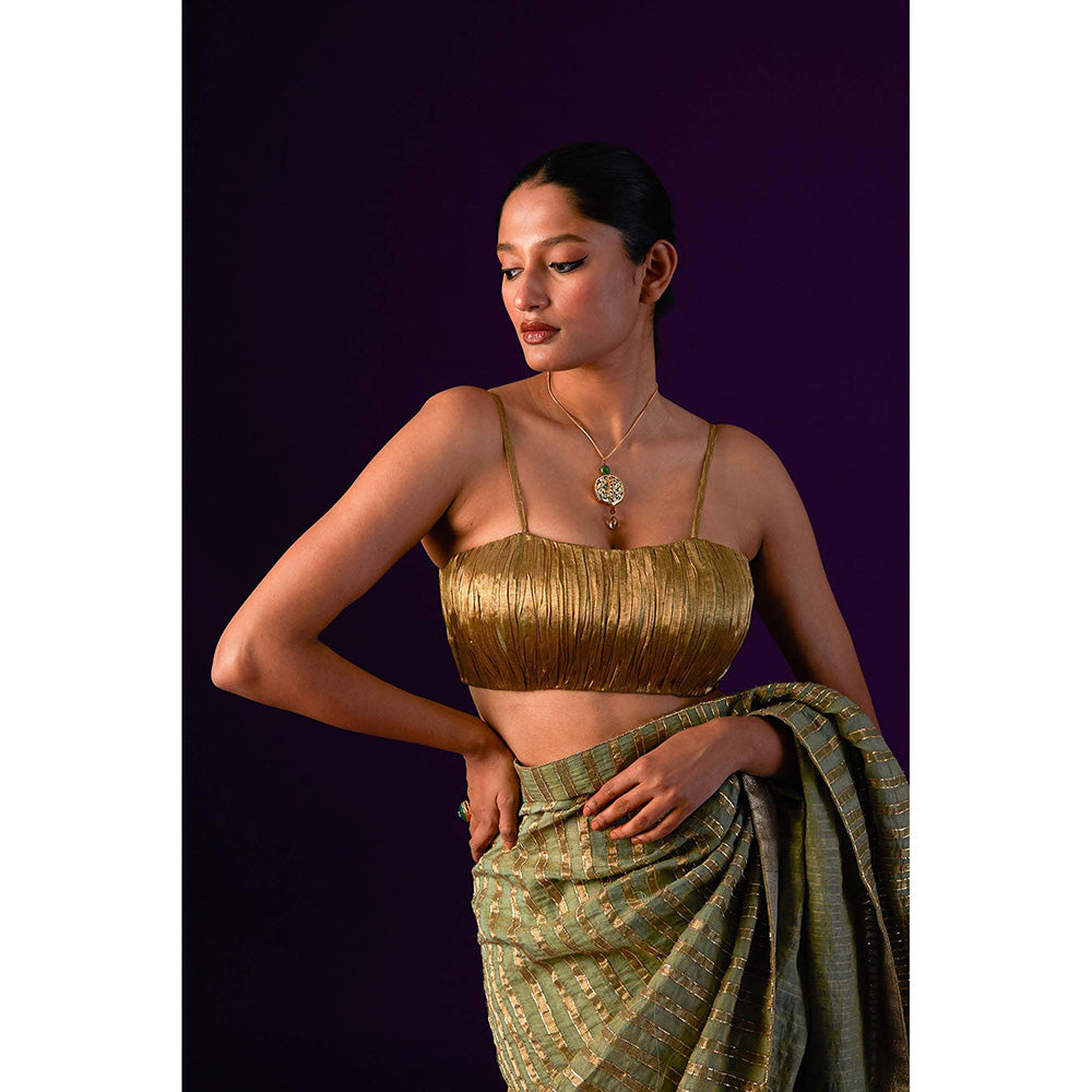 AURUL Light Green Zari Lines Saree with Stitched Blouse