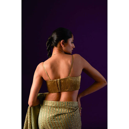 AURUL Light Green Zari Lines Saree with Stitched Blouse