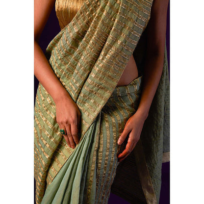 AURUL Light Green Zari Lines Saree with Stitched Blouse