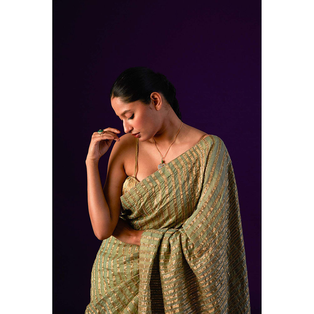 AURUL Light Green Zari Lines Saree with Stitched Blouse