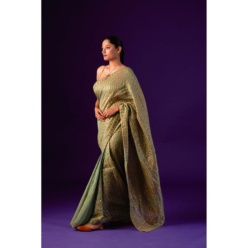 AURUL Light Green Zari Lines Saree with Stitched Blouse