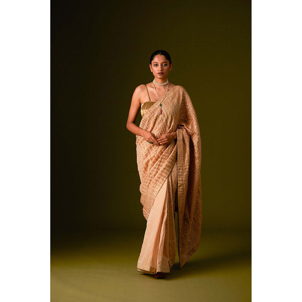 AURUL Beige Zari Lines Saree with Stitched Blouse