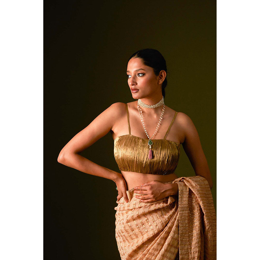 AURUL Beige Zari Lines Saree with Stitched Blouse